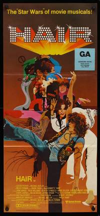 1s457 HAIR Aust daybill '79 Milos Forman, Treat Williams, musical, great Bob Peak artwork!