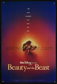 1w098 BEAUTY & THE BEAST 1sh '91 Walt Disney cartoon classic, great romantic art!