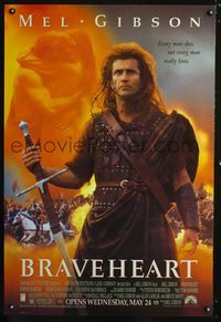 1w131 BRAVEHEART advance 1sh '95 cool image of Mel Gibson as William Wallace!