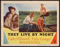 1z612 THEY LIVE BY NIGHT LC #5 '48 Farley Granger, Howard da Silva & Jay C. Flippen c/u on tracks!