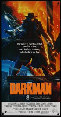 2j387 DARKMAN Aust daybill '90 directed by Sam Raimi, cool Alvin art of masked hero Liam Neeson!