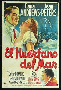 2j176 DEEP WATERS Spanish/U.S. 1sh '48 stone litho artwork of Dana Andrews holding sexy Jean Peters!