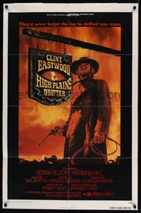 2m443 HIGH PLAINS DRIFTER 1sh '73 classic art of Clint Eastwood holding gun & whip!