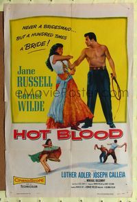 2m460 HOT BLOOD 1sh '56 great image of barechested Cornel Wilde grabbing Jane Russell!