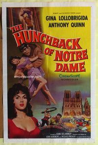 2m467 HUNCHBACK OF NOTRE DAME 1sh '57 Anthony Quinn as Quasimodo, sexy Gina Lollobrigida!