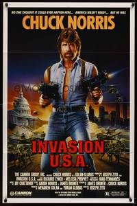 2m496 INVASION U.S.A. 1sh '85 great artwork of Chuck Norris with machine guns by Watts!