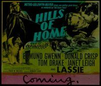 2r137 HILLS OF HOME glass slide '48 artwork of Lassie the dog, Janet Leigh & Edmund Gwenn!