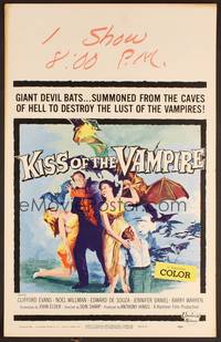 2t230 KISS OF THE VAMPIRE WC '63 Hammer, cool art of devil bats attacking by Joseph Smith!