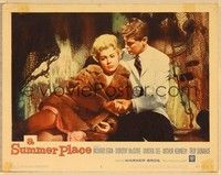 3d607 SUMMER PLACE LC #8 '59 Troy Donahue in tie & jacket holds sexy Sandra Dee in fur coat!