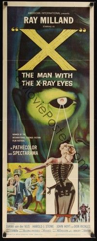 3g420 X: THE MAN WITH THE X-RAY EYES insert '63 Ray Milland, sci-fi art of man peeking on woman!