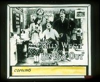 3h171 HIS DAY OUT glass slide '18 Billy West in barber chair between Leatrice Joy & Oliver Hardy!