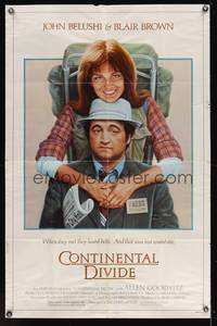 4d214 CONTINENTAL DIVIDE  1sh '81 great Lettick art of news reporter John Belushi & Blair Brown!