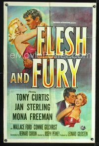 4d332 FLESH & FURY  1sh '52 art of boxer Tony Curtis, sexy Jan Sterling & Mona Freeman!