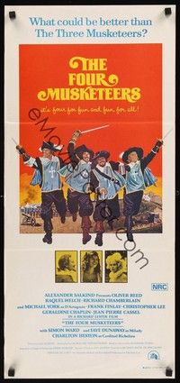 4e703 FOUR MUSKETEERS Aust daybill '75 Raquel Welch, Oliver Reed, great wacky Len Goldberg art!