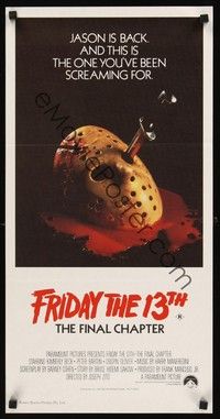 4e707 FRIDAY THE 13th - THE FINAL CHAPTER Aust daybill '84 c/u hockey mask w/knife in it!