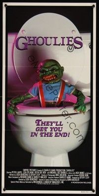 4e717 GHOULIES Aust daybill '85 wacky horror image of goblin in toilet, they'll get you in the end