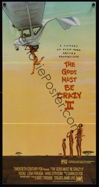 4e721 GODS MUST BE CRAZY 2 Aust daybill '89 directed by Jamie Uys, wacky artwork of woman & plane!