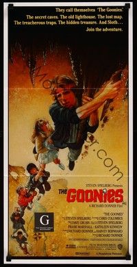 4e726 GOONIES Aust daybill '85 Josh Brolin, teen adventure classic, Drew Struzan art!