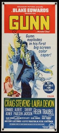 4e729 GUNN Aust daybill '67 Blake Edwards, cool art of Craig Stevens w/revolver & sexy babes!