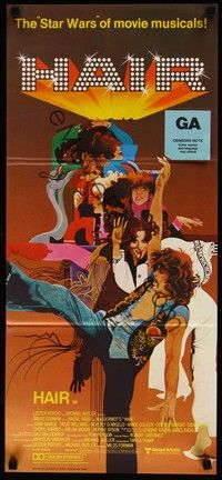 4e730 HAIR Aust daybill '79 Milos Forman, Treat Williams, musical, great Bob Peak artwork!