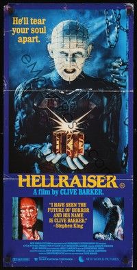 4e735 HELLRAISER Aust daybill '87 Clive Barker horror, Pinhead, he'll tear your soul apart!