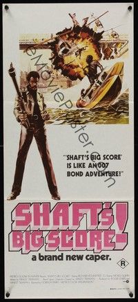 4e918 SHAFT'S BIG SCORE Aust daybill '72 great art of mean Richard Roundtree with big gun by Solie