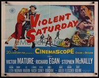 4g677 VIOLENT SATURDAY 1/2sh '55 art of girl pistol-whipped, Victor Mature, Richard Fleischer