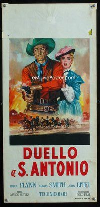 4h576 SAN ANTONIO Italian locandina R62 great art of Alexis Smith & cowboy Errol Flynn!