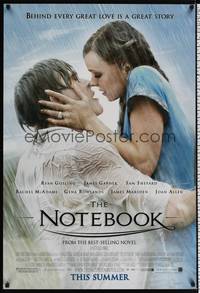 4w488 NOTEBOOK advance DS 1sh '04 huge romantic close up of Ryan Gosling & Rachel McAdams!