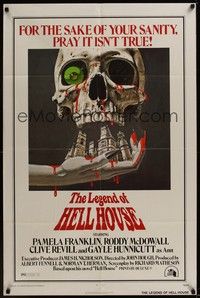 5b503 LEGEND OF HELL HOUSE 1sh '73 great skull & haunted house dripping with blood art by B.T.!