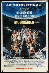 5b576 MOONRAKER advance 1sh '79 art of Roger Moore as James Bond & sexy space babes by Gouzee!