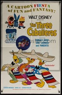 5b837 THREE CABALLEROS 1sh R77 great artwork of Donald Duck, Panchito & Joe Carioca!