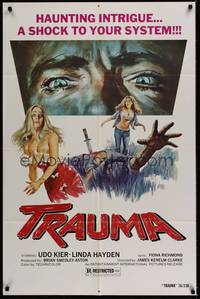 5b866 TRAUMA 1sh '76 artwork of Udo Kier, sexy Linda Hayden, a shock to your system!