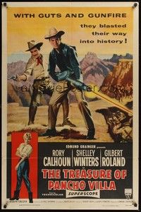 5b867 TREASURE OF PANCHO VILLA 1sh '55 art of cowboy Rory Calhoun with custom machine gun!