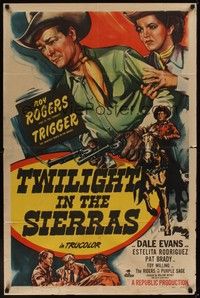 5b882 TWILIGHT IN THE SIERRAS 1sh '50 artwork of Roy Rogers riding Trigger & with Dale Evans!