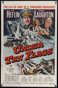 5b893 UNDER TEN FLAGS 1sh '60 art of Van Heflin, Charles Laughton & sexy Mylene Demongeot!