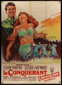 5h453 CONQUEROR French 1p '56 different art of John Wayne & sexy Susan Hayward by Roger Soubie!