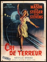 5h460 CRY TERROR French 1p '58 different art of Inger Stevens on train tracks by Roger Soubie!