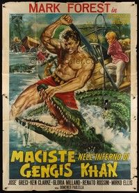 5h264 HERCULES AGAINST THE BARBARIAN Italian 2p '64 cool art of Mark Forest wrestling alligator!