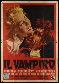 5h319 VAMPIRE Italian 2p '59 best different art of monster John Beal attacking victim!