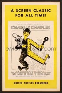 5j658 MODERN TIMES pressbook R54 great wacky artwork of Charlie Chaplin!