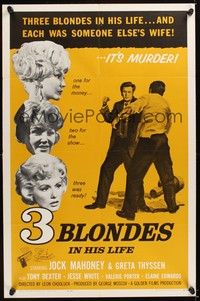 5m857 THREE BLONDES IN HIS LIFE 1sh R62 artwork of Jock Mahoney & sexy Greta Thyssen!