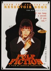 5t593 PULP FICTION commercial poster '94 Quentin Tarantino, close up of sexy Uma Thurman with gun!