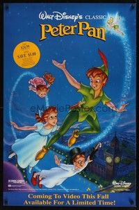 5t221 PETER PAN video 1sh R90 Walt Disney animated cartoon fantasy classic, great flying art!