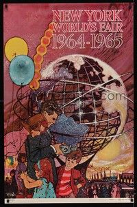 5t524 NEW YORK WORLD'S FAIR special 28x43 '64 cool Bob Peak art of family & Unisphere!