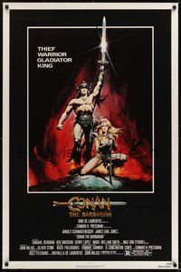 6h097 CONAN THE BARBARIAN 1sh '82 art of Arnold Schwarzenegger & sexy Sandahl Bergman by Casaro!