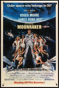 6h344 MOONRAKER advance 1sh '79 art of Roger Moore as James Bond & sexy space babes by Gouzee!