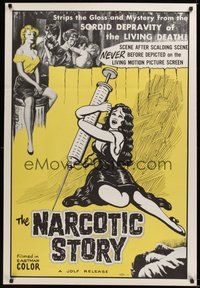 6h359 NARCOTIC STORY 1sh '58 great drug needle image, sordid depravity of the living death!