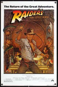 6h412 RAIDERS OF THE LOST ARK 1sh R82 great art of adventurer Harrison Ford by Richard Amsel!