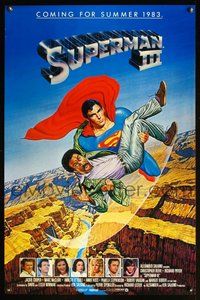 6h495 SUPERMAN III advance 1sh '83 art of Christopher Reeve flying with Richard Pryor by L. Salk!